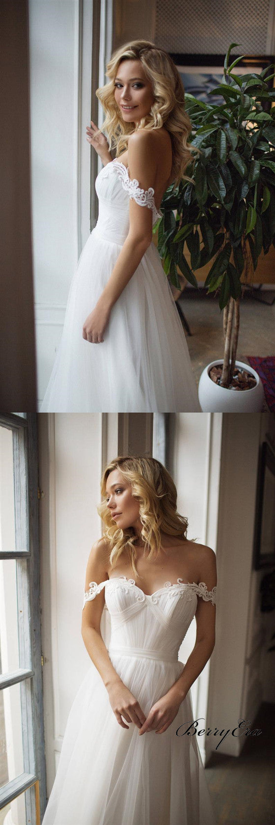 Off Shoulder A-line Appliques Tulle Long Wedding Dresses, Bridal Gown