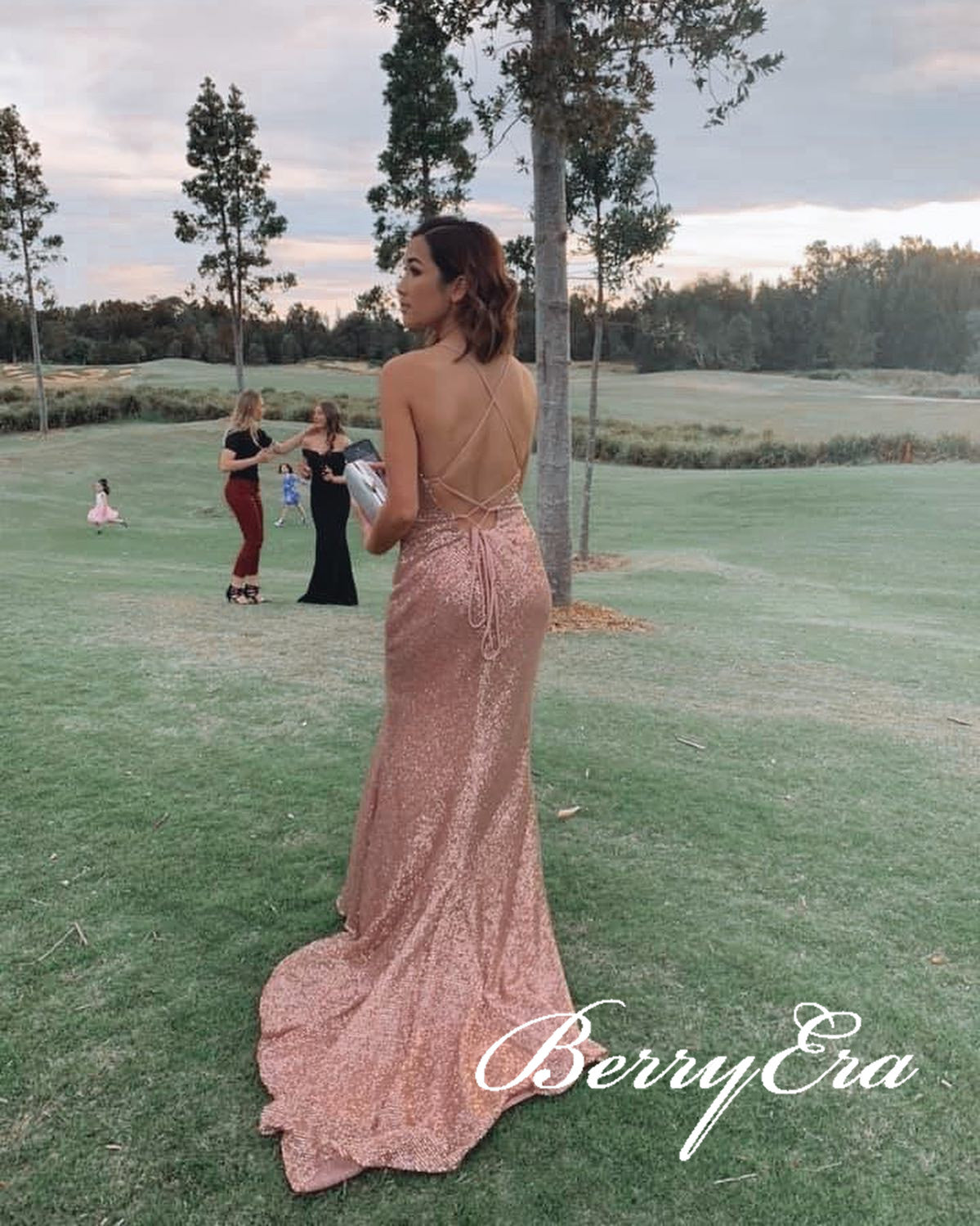 V-neck Rose Gold Sequin Prom Dresses, Mermaid Side Slit Prom Dresses, Long Prom Dresses