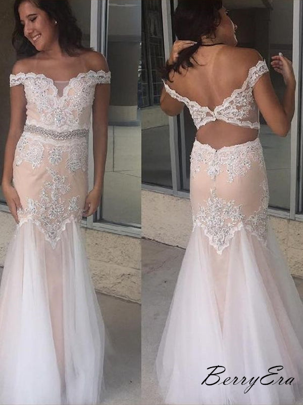 Lace Beaded Elegant Long Prom Dresses, Fancy Rhinestone Prom Dresses 2019