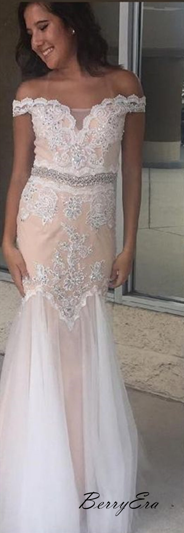 Lace Beaded Elegant Long Prom Dresses, Fancy Rhinestone Prom Dresses 2019