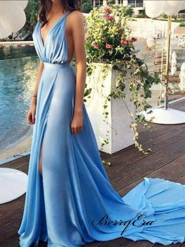 Sexy Chiffon V-neck Long Prom Dresses, New Arrival Prom Dresses 2019