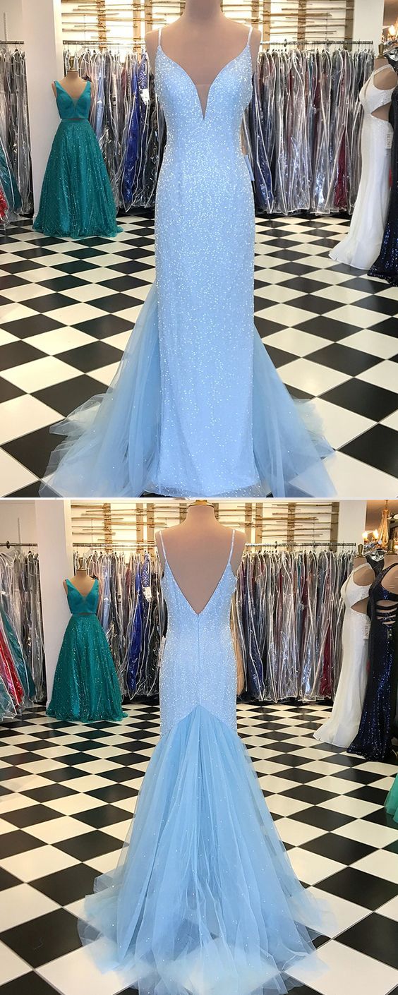 Spaghetti Ling Sheath Sequin Tulle Blue Prom Dresses