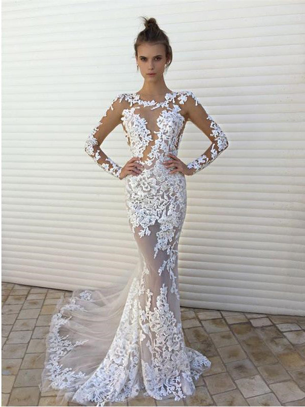 Lace Long Sleeve Long Prom Dress, Mermaid Tulle Evening Dress