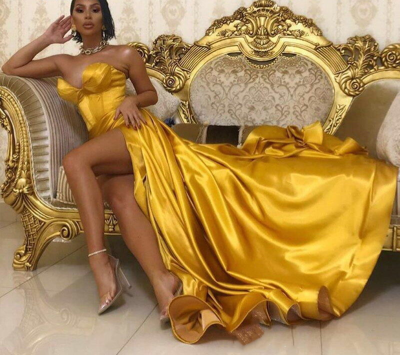 Sweetheart Yellow Satin Long Prom Dresses, High Slit 2020 Prom Dresses, Long Prom Dresses