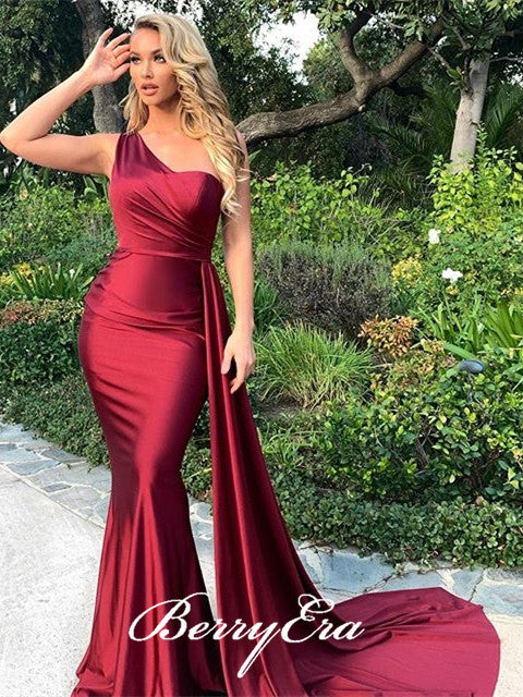 One Shoulder Burgundy Elastic Satin Long Mermaid Prom Dresses, Simple Sexy Prom Dresses, 2020 Prom Dresses