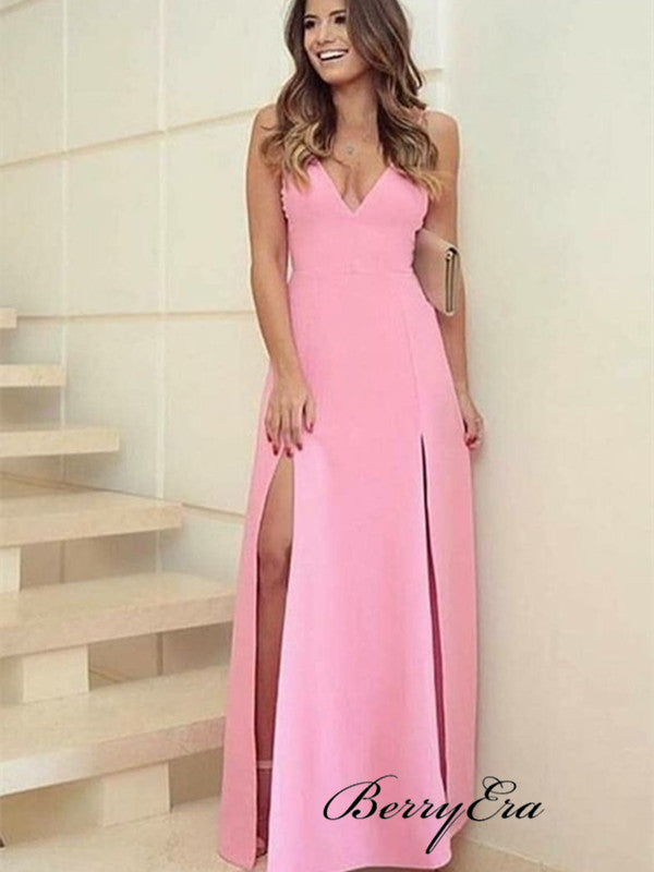 V-neck Slit Sexy Long Prom Dresses, Cheap Evening Party Prom Dresses