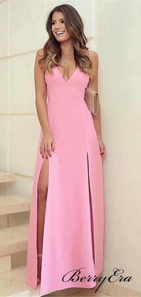 V-neck Slit Sexy Long Prom Dresses, Cheap Evening Party Prom Dresses