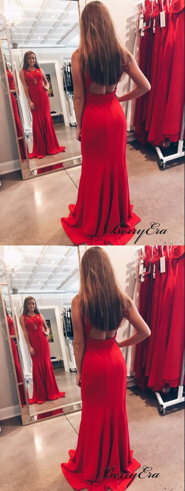 Red Color Newest Long Prom Dresses, Fashion Mermaid Prom Dresses