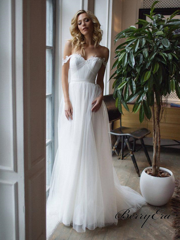 Off Shoulder A-line Appliques Tulle Long Wedding Dresses, Bridal Gown