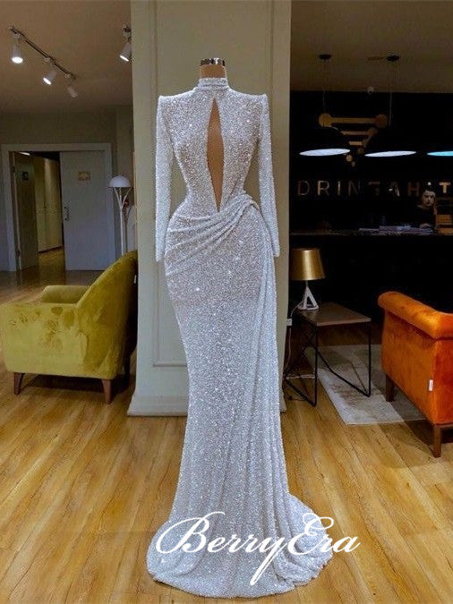 High Neck Long Sheath White Sequin Prom Dresses, Long Sleeves Prom Dresses, 2020 Prom Dresses