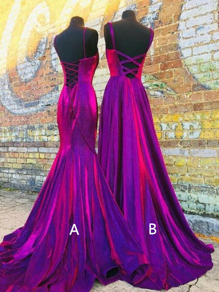 Shiny Plum Elastic Satin Long Prom Dresses, Lace Up Prom Dresses, 2020 Prom Dresses, Cheap Prom Dresses