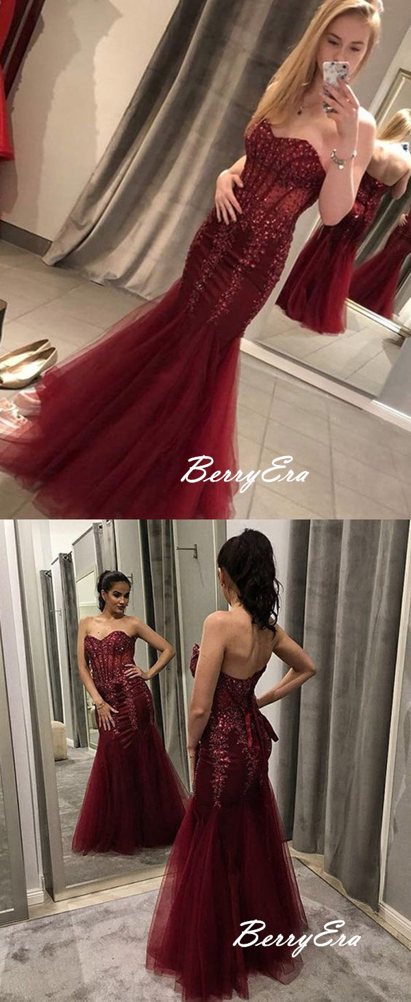 Strapless Mermaid Beaded Sexy Prom Dresses, Long Prom Dresses 2019