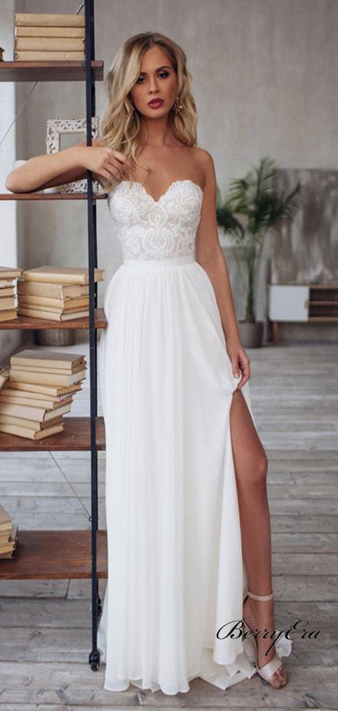 Strapless Lace Top A-line Chiffon Side Slit Simple Elegant Wedding Dresses