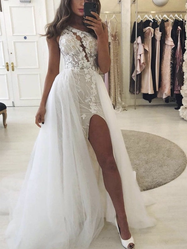 Unique Lace Popular Prom Dresses, One Shoulder Prom Dresses, 2020 Prom Dresses