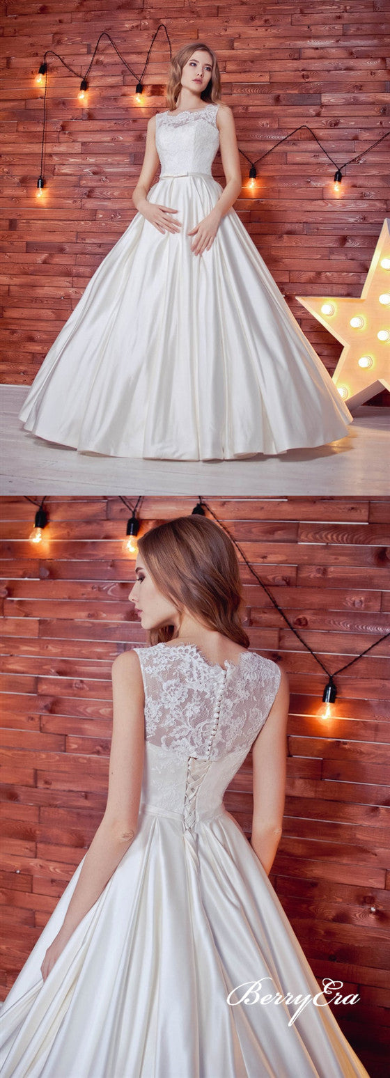 Sleeveless Lace Top A-line Ivory Satin Long Wedding Dresses, Bridal Gown