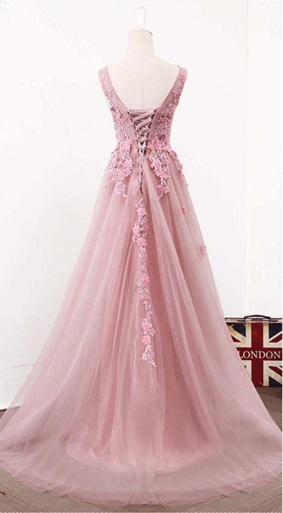 Dusty Pink Lace Appliques Long A-line Prom Dresses