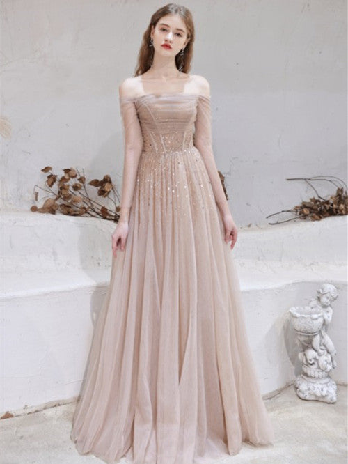 Off Shoulder Nude Champagne Beaded Sequin Prom Dresses, A-line 2021 Prom Dresses