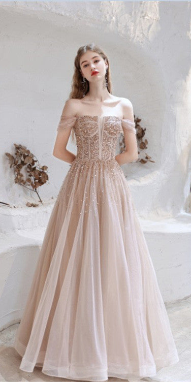 Off Shoulder Long A-line Prom Dresses, Nude Champagne Sequin Tulle Prom Dresses, 2021 Prom Dresses