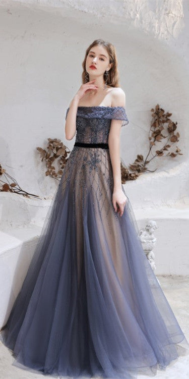 Off Shoulder Dark Grey Tulle Beaded Prom Dresses, A-line Prom Dresses, 2021 Prom Dresses