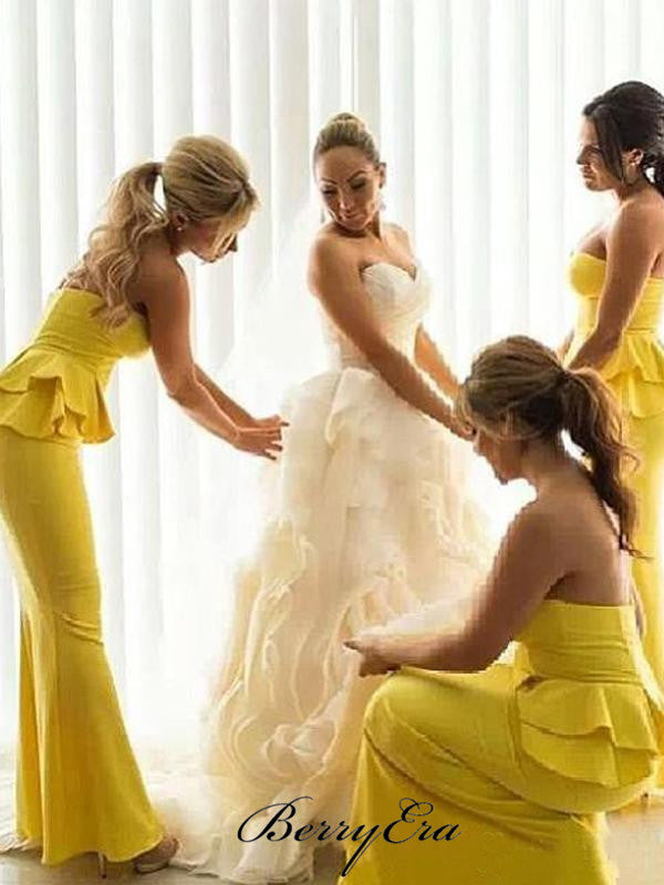 Strapless Mermaid Bridesmaid Dresses, Unique Yellow Mermaid Bridesmaid Dresses