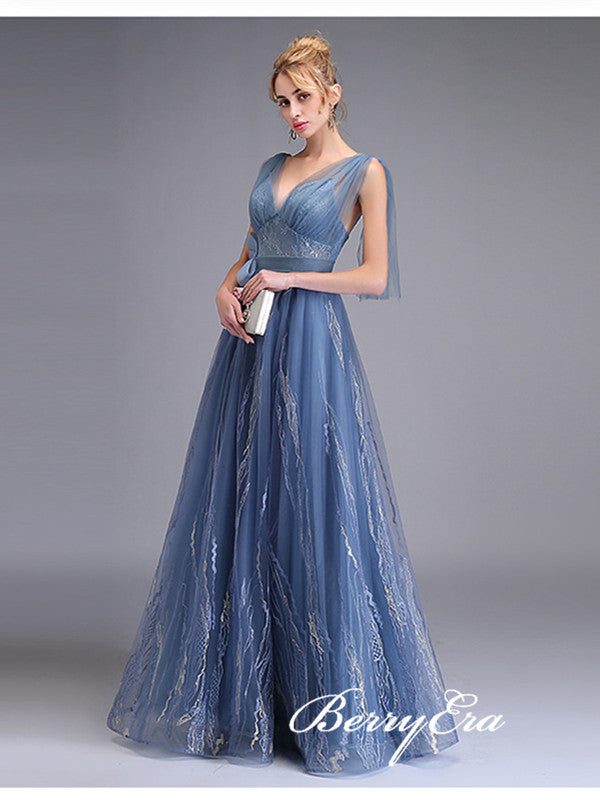 V neck Tulle Long Prom Dresses, Cheap Evening Prom Dresses