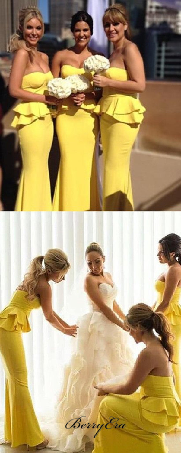 Strapless Mermaid Bridesmaid Dresses, Unique Yellow Mermaid Bridesmaid Dresses