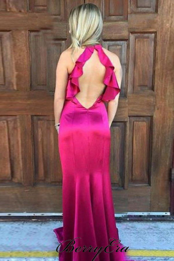 Simple Elegant Long Mermaid Prom Dresses, Ruffled Prom Dresses, Open Back Prom Dresses