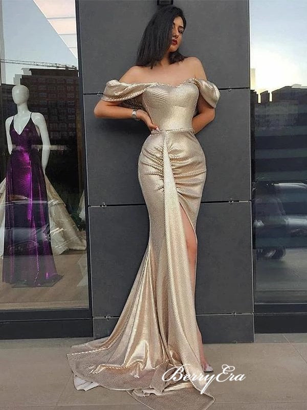 Off Shoulder High Slit Long Prom Dresses, Mermaid Sexy 2020 Newest Prom Dresses