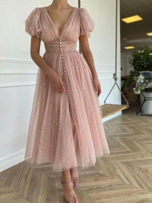 V-neck Short Sleeves Blush Pink Tulle Prom Dresses, Affordable Prom Dresses, 2021 Prom Dresses, RC004