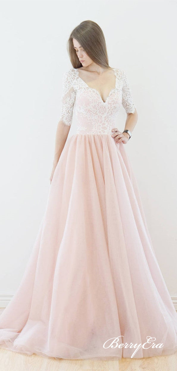 V-neck Half Sleeves Lace Blush Pink Tulle Skirt Long Wedding Dresses