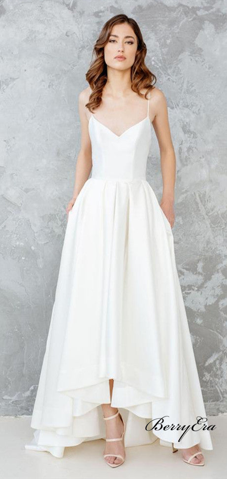 Spaghetti Long A-line Hi-low Satin Simple Wedding Dresses