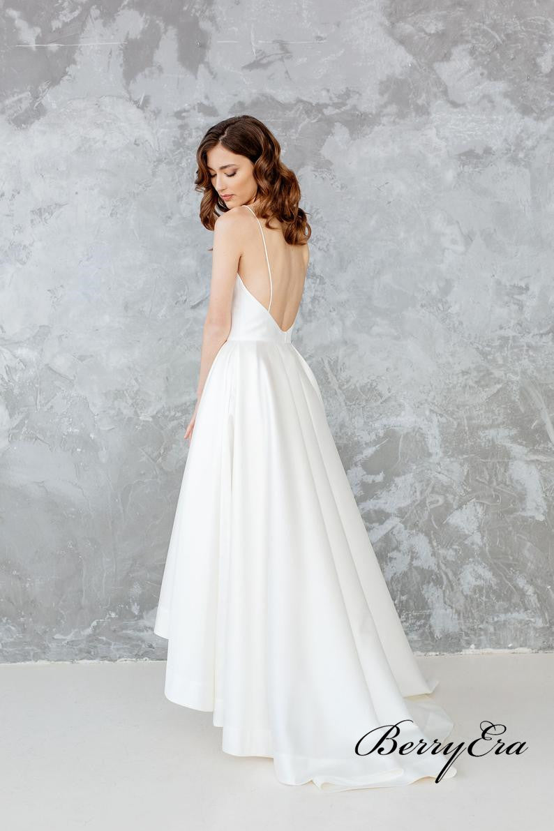 Spaghetti Long A-line Hi-low Satin Simple Wedding Dresses