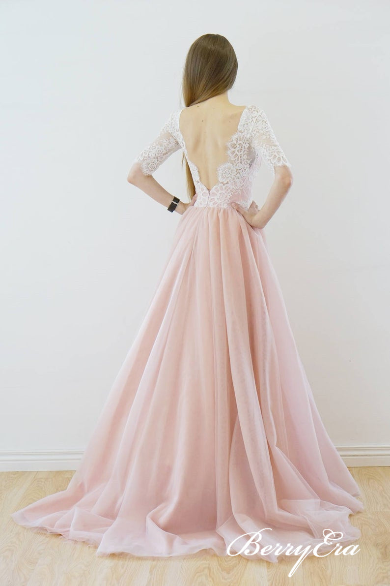 V-neck Half Sleeves Lace Blush Pink Tulle Skirt Long Wedding Dresses