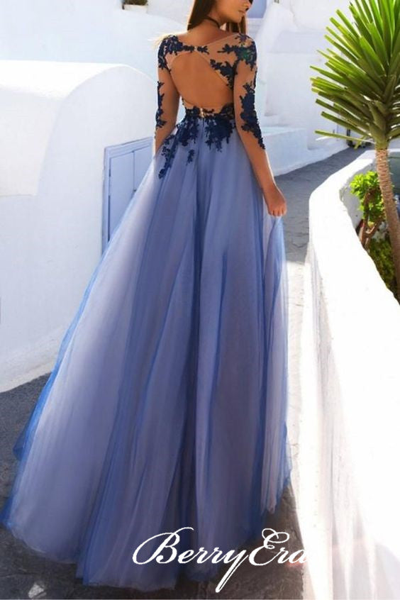 Long Sleeves Lace Tulle Prom Dresses, Popular Prom Dresses, Open Back Prom Dresses