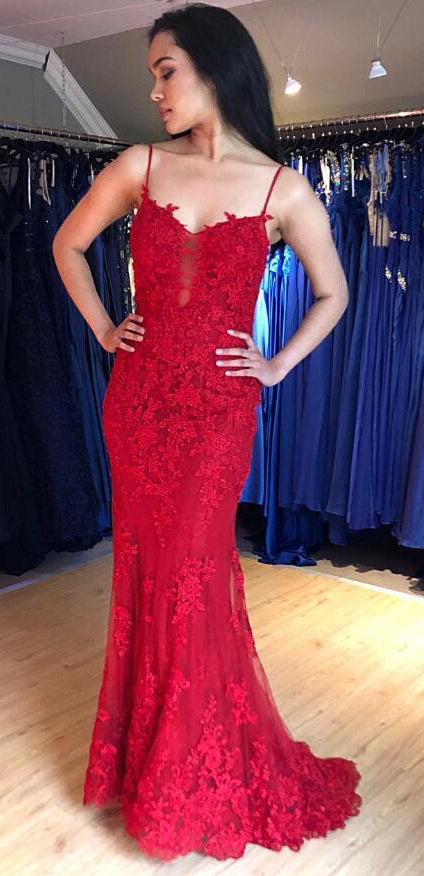 Spaghetti Long Mermaid Red Lace Tulle Prom Dresses, Popular Prom Dresses, 2020 Prom Dresses