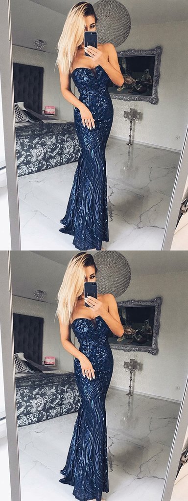 Strapless Sequins Prom Dresses, Unique Mermaid Long Prom Dresses