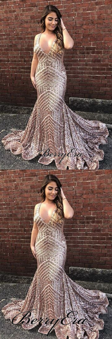 V-neck Rose Gold Sequin Mermaid Prom Dresses, Long Prom Dresses, Prom Dresses