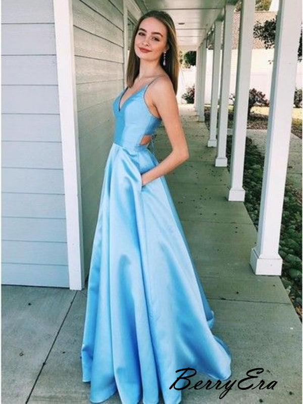 Sky Blue Satin A-line Prom Dresses For Evening Party, Beauty Prom Dresses