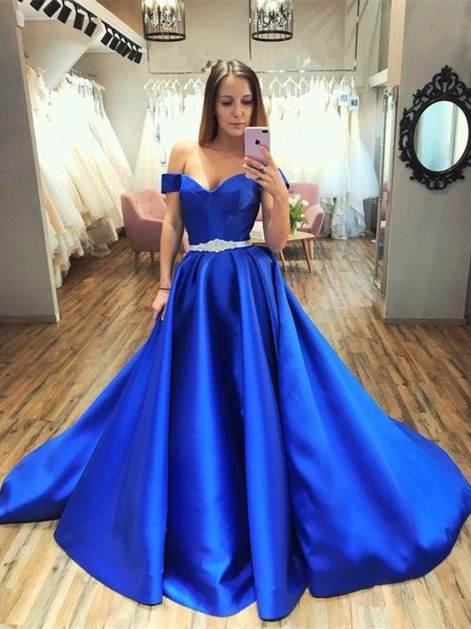 Off Shoulder Royal Blue Satin Prom Dresses, A-line Prom Dresses With Beaded Belt, Elegant Long Prom Dresses, 2022 Prom Dresses, RC011