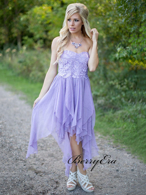 Strapless Lace Bridesmaid Dresses, Unique Purple Wedding Guest Dresses