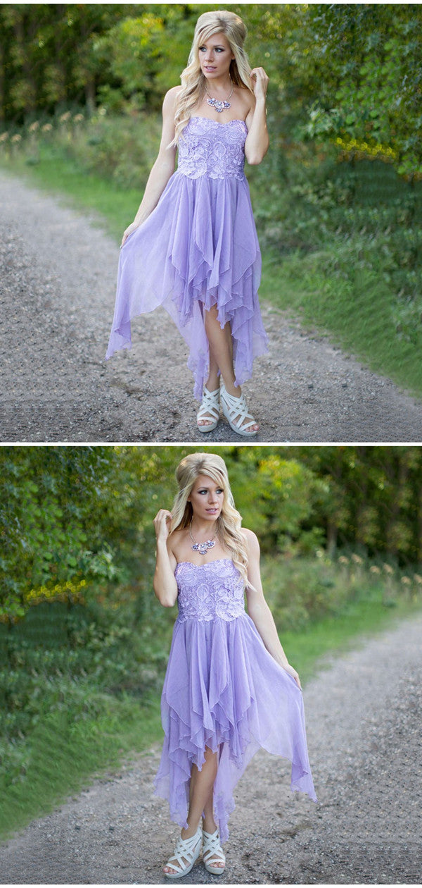 Strapless Lace Bridesmaid Dresses, Unique Purple Wedding Guest Dresses