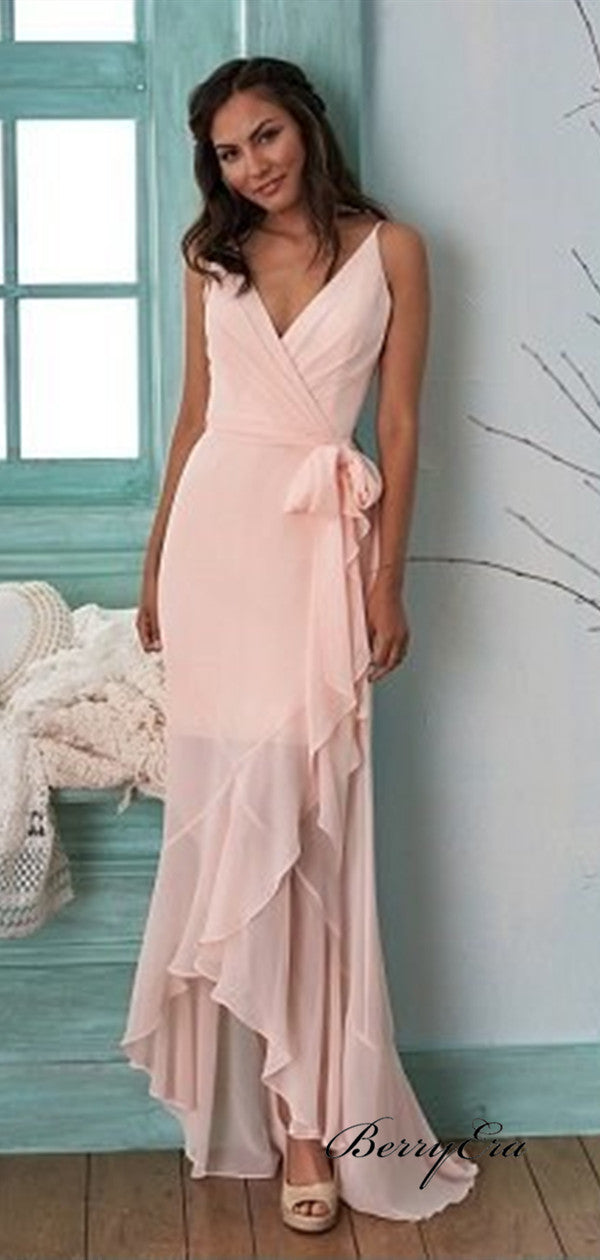 Spaghetti Straps Unique Bridesmaid Dresses, Pink Chiffon Slit Bridesmaid Dresses