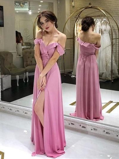 Lovely Off Shoulder Side Slit Prom Dresses, Long Prom Dresses, A-line Simple Prom Dresses