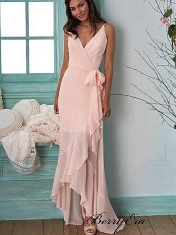 Spaghetti Straps Unique Bridesmaid Dresses, Pink Chiffon Slit Bridesmaid Dresses