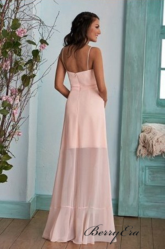 Spaghetti Straps Unique Bridesmaid Dresses, Pink Chiffon Slit Bridesmaid Dresses