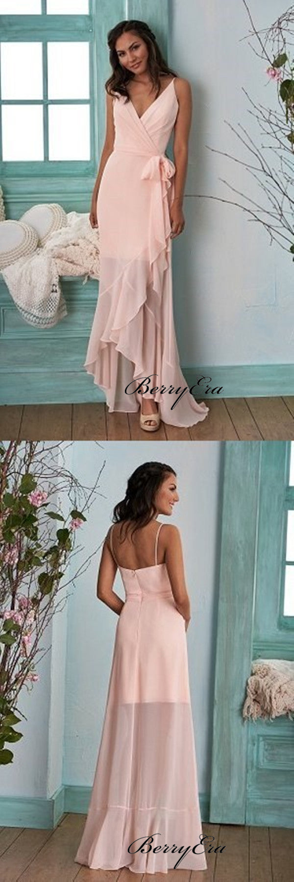 Spaghetti Straps Unique Bridesmaid Dresses, Pink Chiffon Slit Bridesmaid Dresses