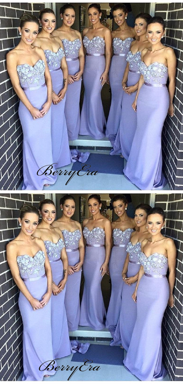 Strapless Elegant Bridesmaid Dresses, Fancy Appliques Mermaid Bridesmaid Dresses