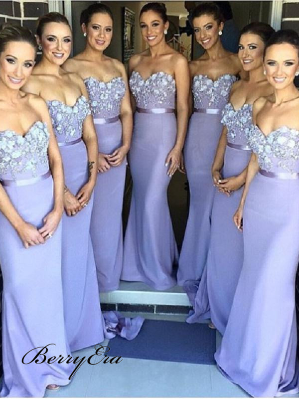 Strapless Elegant Bridesmaid Dresses, Fancy Appliques Mermaid Bridesmaid Dresses