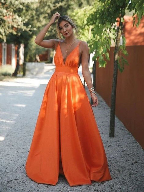 Deep V Neck Orange Color Prom Dresses, A-line Simple Prom Dresses, Satin Evening Party Dresses