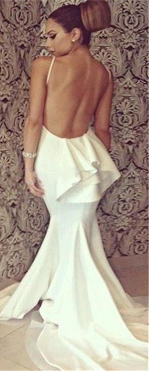 Long White Elegant Halter Backless Mermaid Prom Dresses, Sexy Prom Dresses